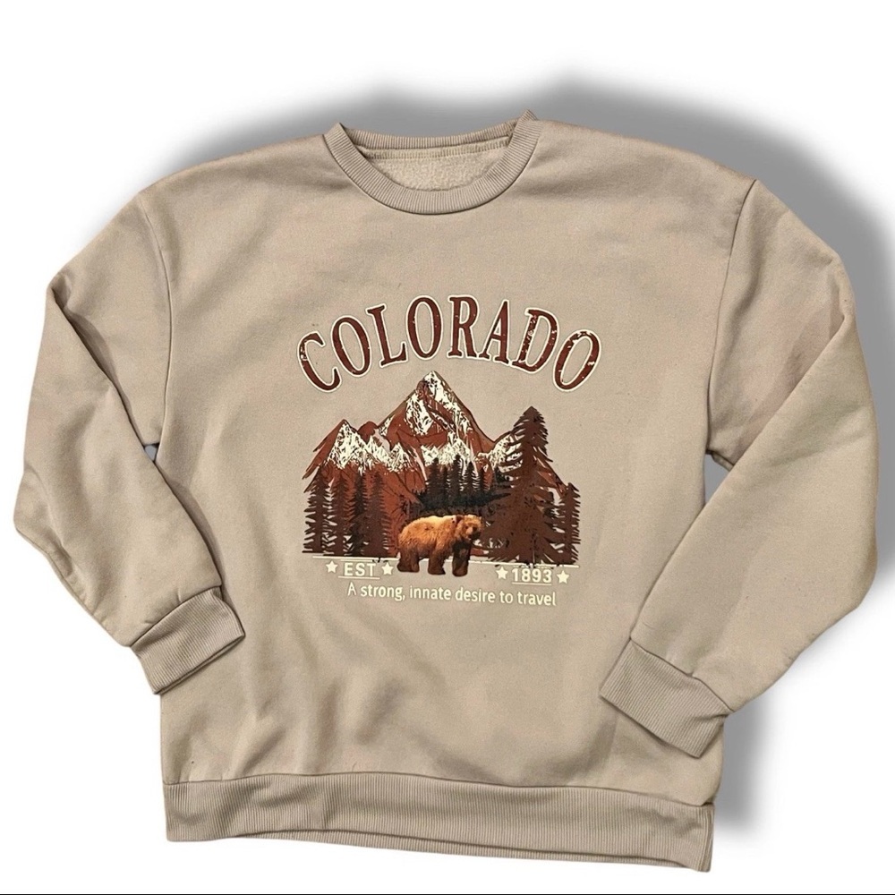 SHEIN Beige Tan Colorado Graphic Unisex Long Sleeveles Crewneck Sweater